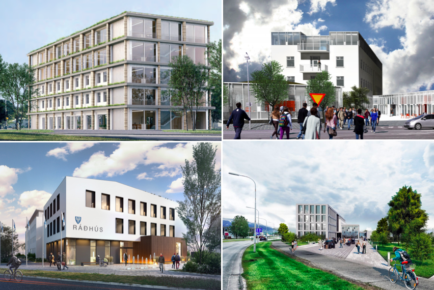 Tillögurnar sem valið var á milli í hönnunarsamkeppni um viðbyggingu og endurbætur á Ráðhúsi Akureyrar